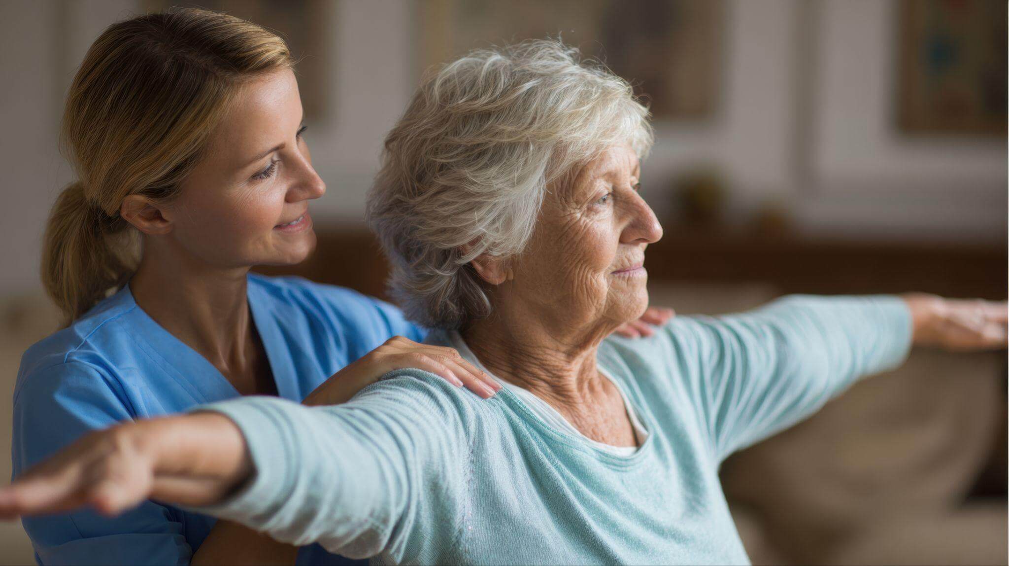 Caregiver helping care receiver as she betters herself by doing exercises