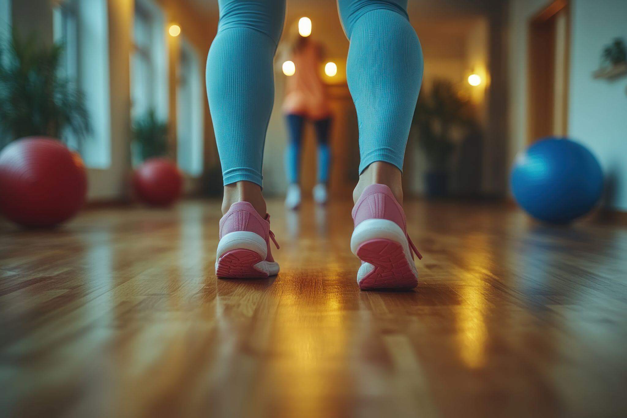 Woman sneakers on wooden floor as she works out to better herself