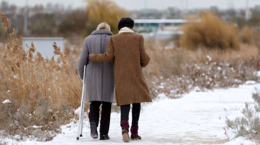 caregiver assisting elder walking in snow