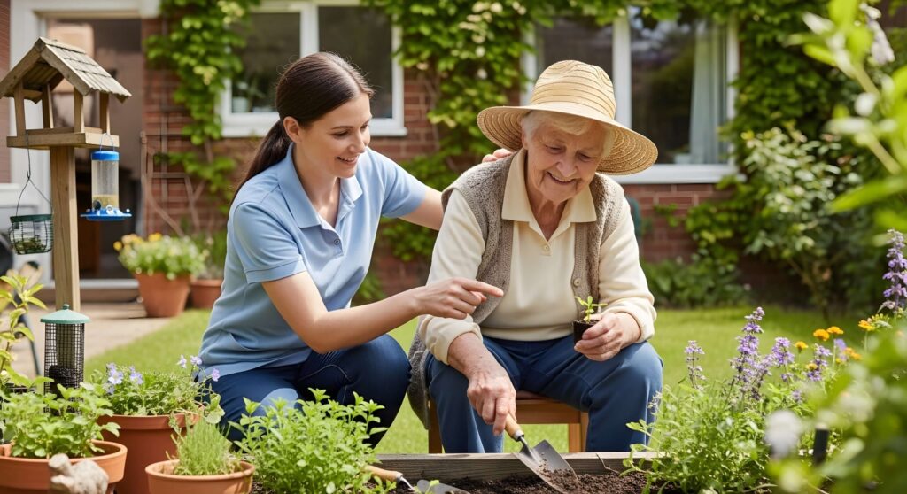 elderly woman happy to garden with her caregiver